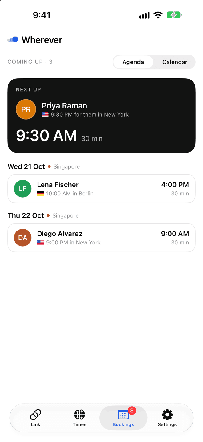 Bookings: a Next up card for Priya Raman at 9:30 AM, then the rest grouped by day and city
