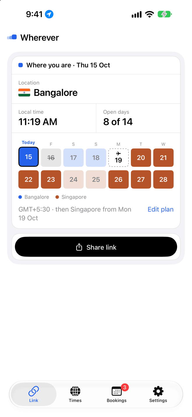 The Wherever iPhone app showing the link, today's city and the next two weeks