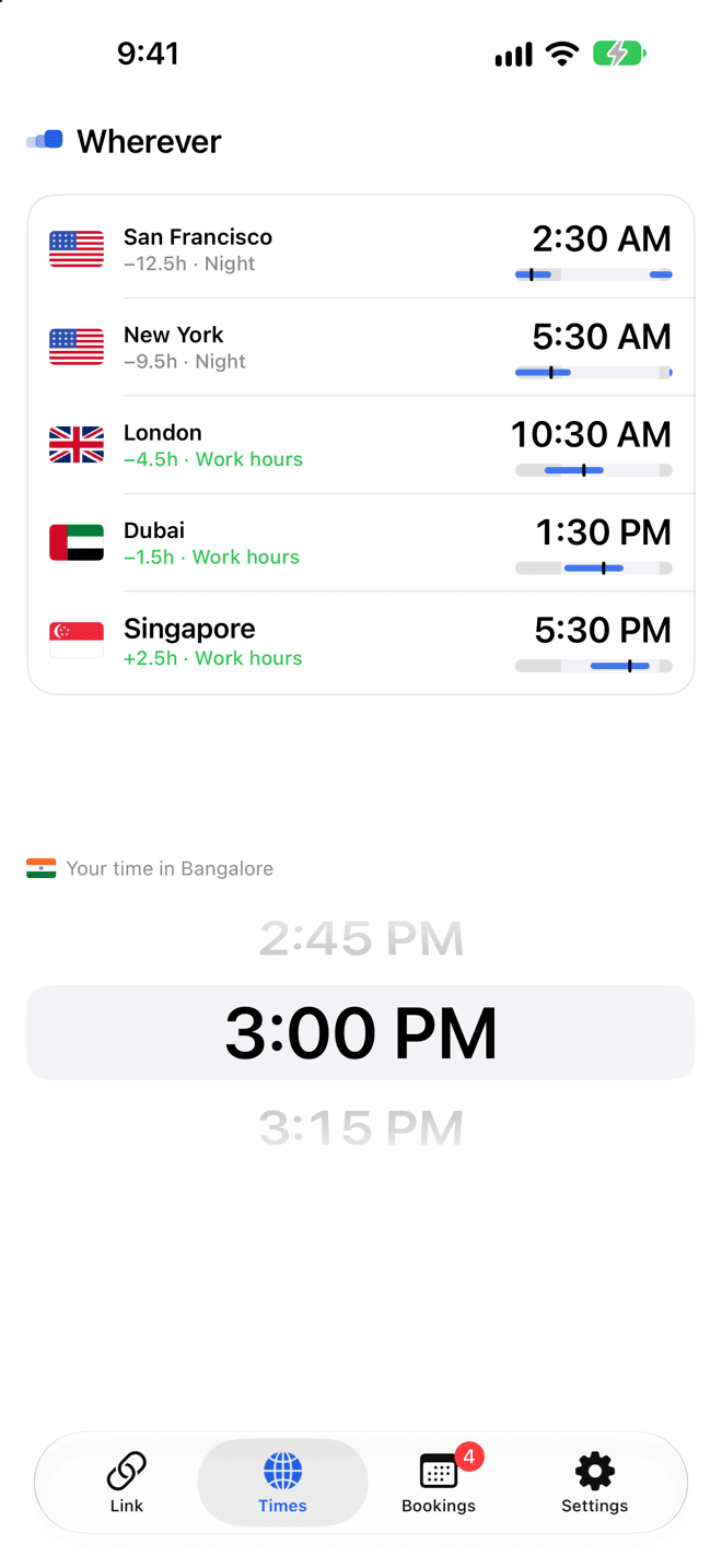 The Times screen: a big time wheel at 3:00 PM in Bangalore, with San Francisco, New York, London, Dubai and Singapore above